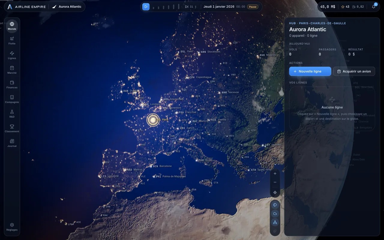 Une partie d’Airline Empire : l’Europe de nuit vue depuis le hub de Paris-Charles-de-Gaulle.