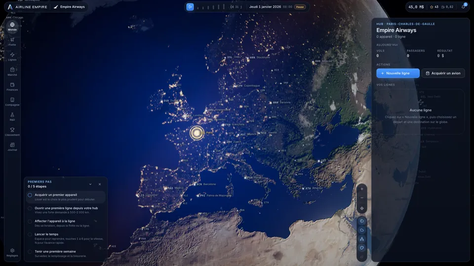 Running your airline from the Paris hub — Europe at night.