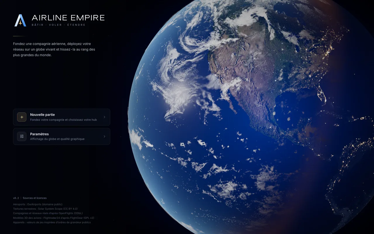 Écran d’accueil d’Airline Empire : le globe terrestre en 3D, avec ses nuages et les lumières des villes.