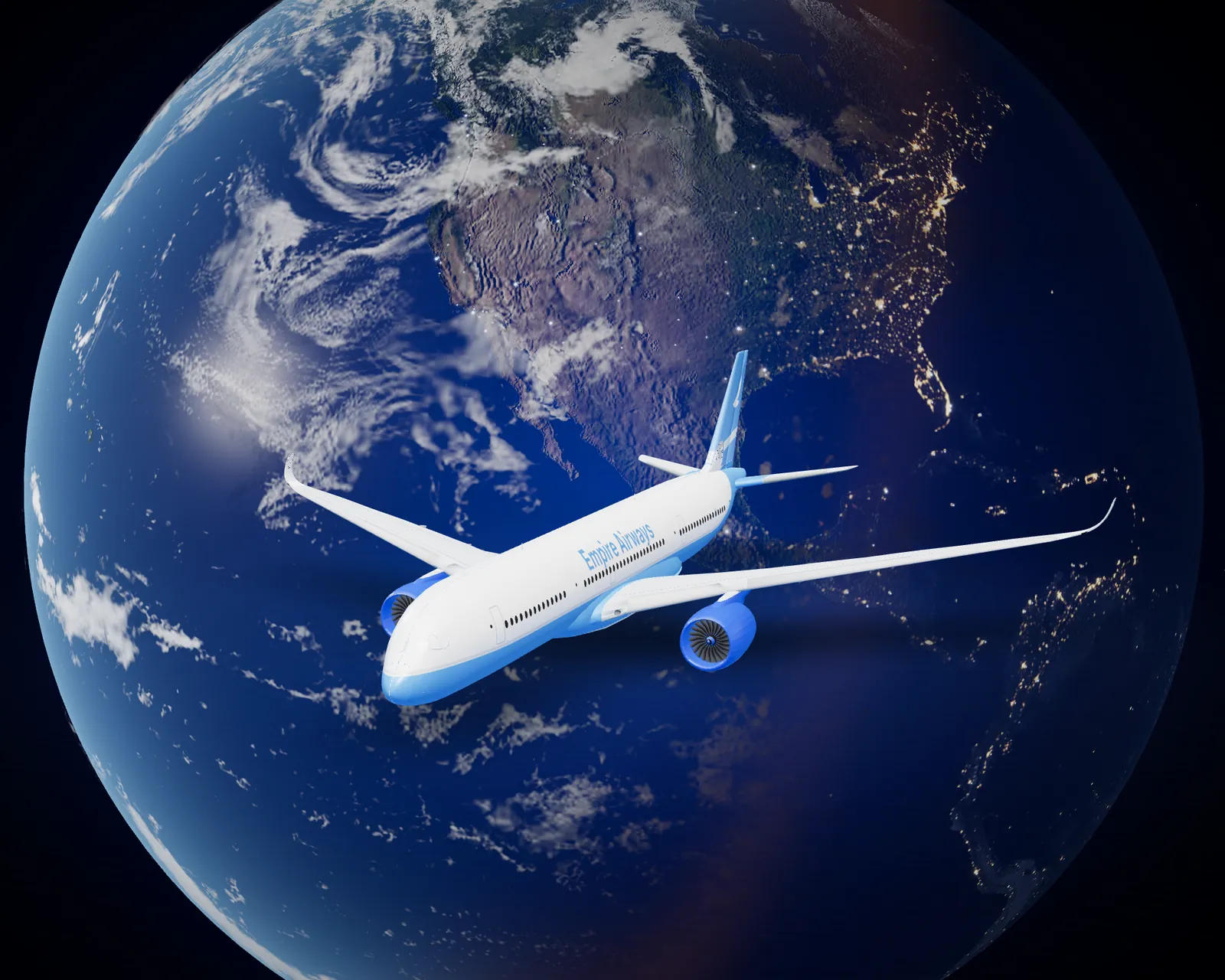 An airliner in Empire Airways livery flying over the Earth, rendered in Airline Empire.
