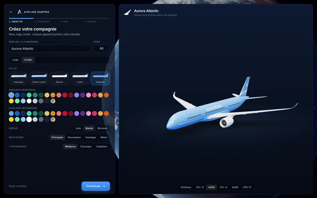 Création de compagnie dans Airline Empire : un Airbus A350 en 3D peint aux couleurs de la livrée choisie.