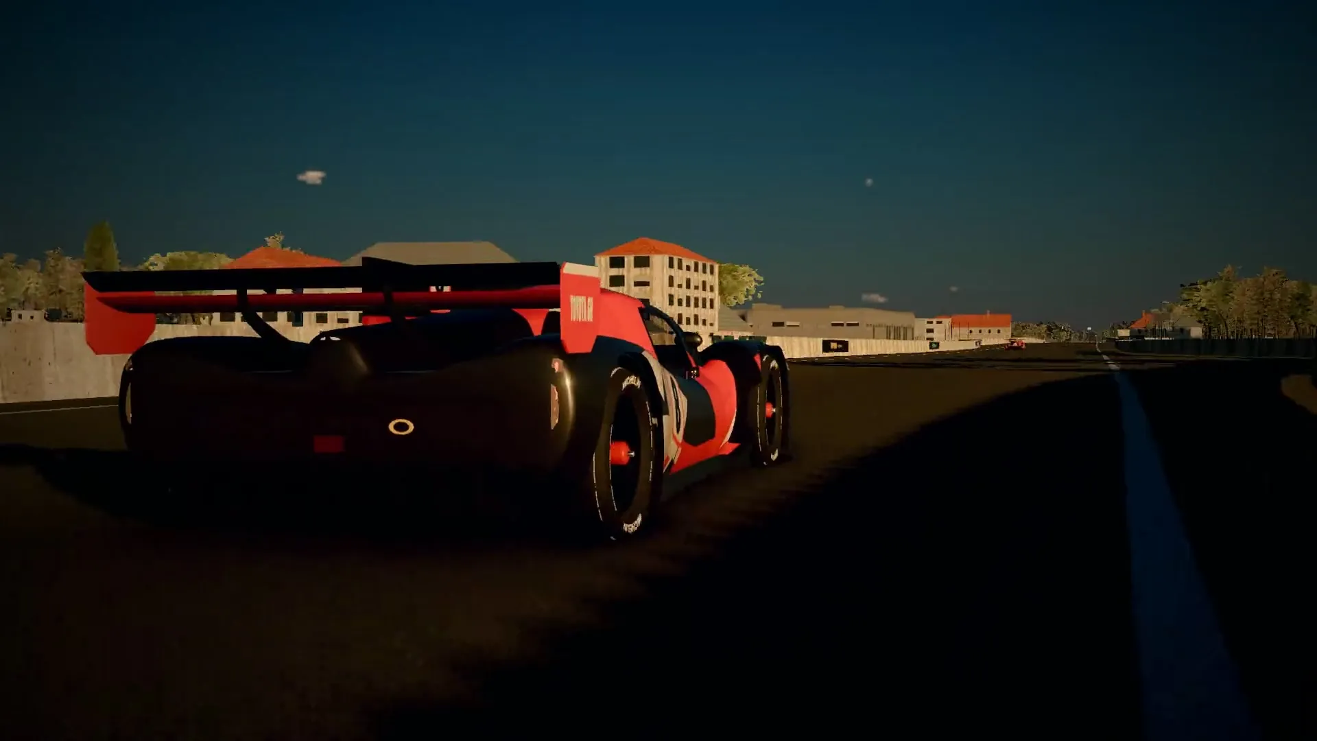 A prototype racing car at golden hour, rendered in Motorsport Empire.