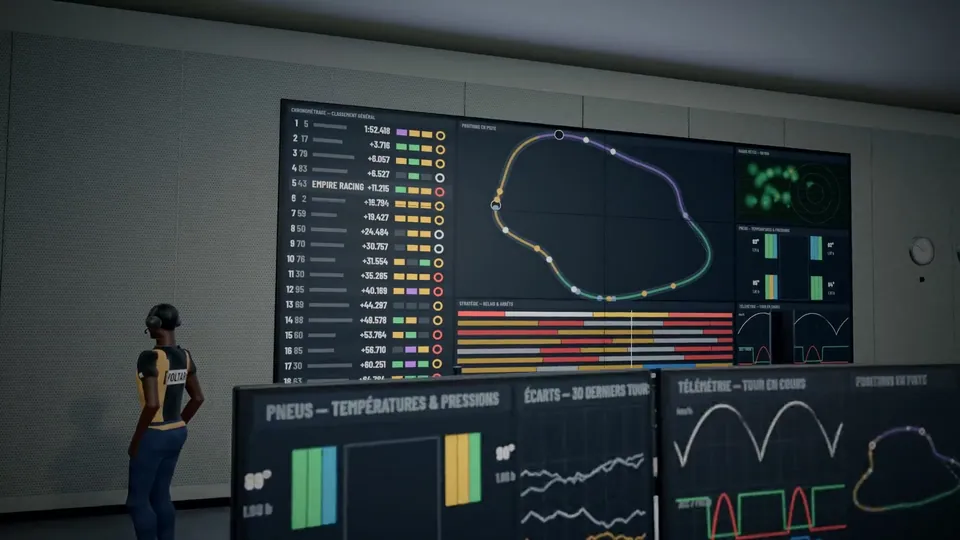 The strategy room: live timing, tyres and telemetry.