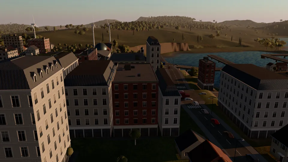 Downtown apartment blocks in the evening light.