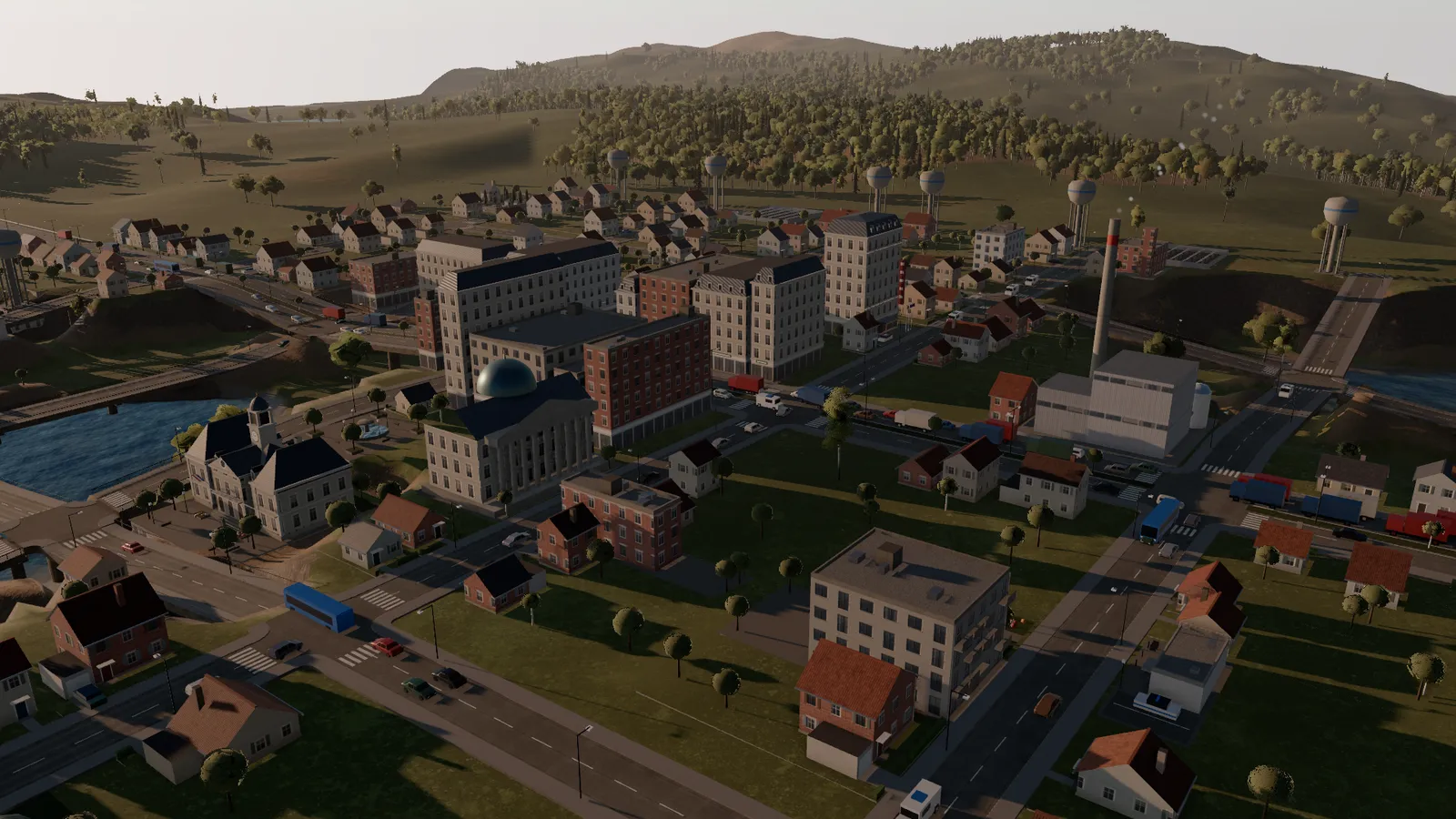 A town between a river and green hills at golden hour, rendered in Urban Empire.