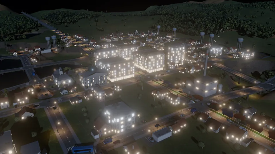 Night falls and the city lights up, street by street.